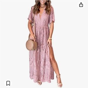 Mauve Romper Lace Bohemian Zip Up Low Cut Dress Maxi 2XL Eleter Lilac Lace
